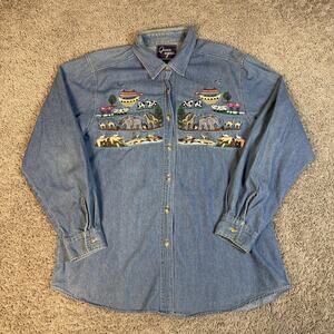 Vintage Quizz Again Shirt Womens L Blue Denim Noah’s Ark Animals Long Sleeve 90s